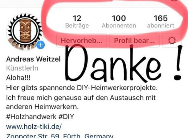 Ich hab nicht schlecht geschaut - Innerhalb weniger Tage hat der Holz-Tiki schon 100 Follower - Danke!